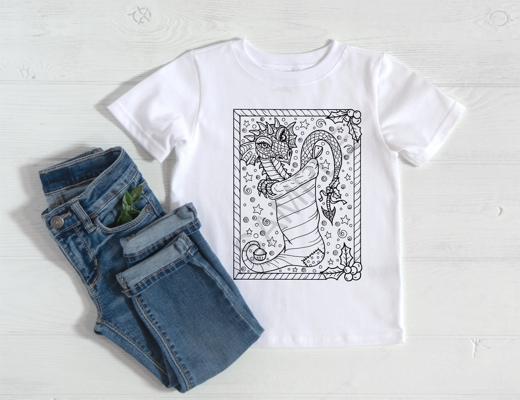 Dragon in stocking Christmas holiday coloring sheet... screen print transfer RTS