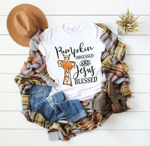 Pumpkin obsessed and Jesus blessed fall sublimation transfer heat press ready image