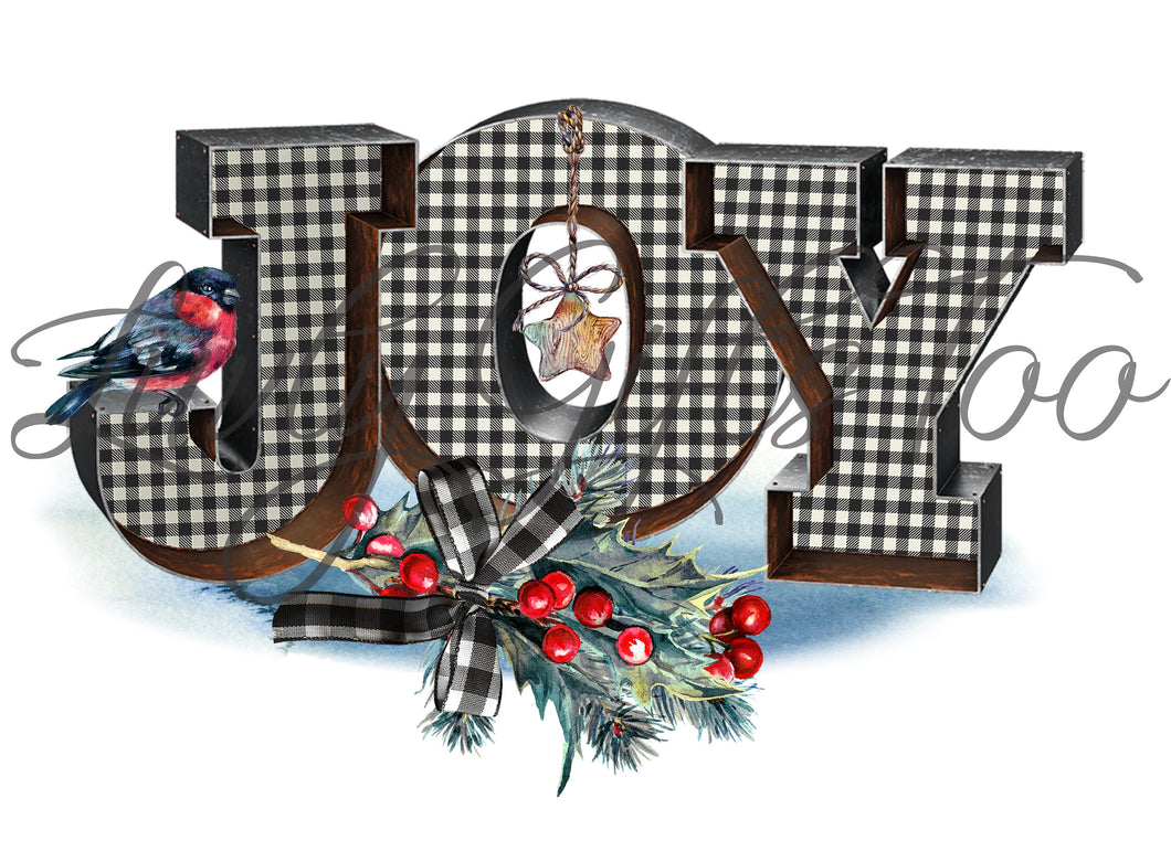 Joy black and white plaid holiday sublimation transfer heat press ready image