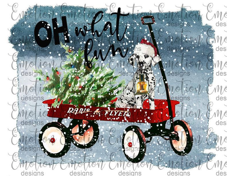 Oh what fun winter holiday dalmation in wagon with christmas tree sublimation transfer heat press ready image