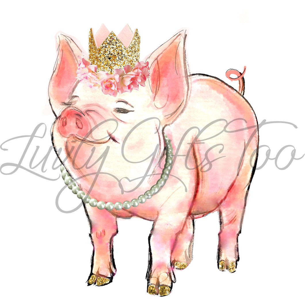 Watercolor pig with crown and pearls cute sublimation transfer heat press ready image